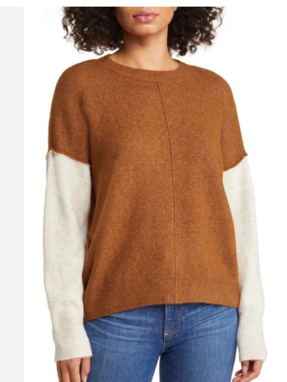 Vince Camuto Two-Tone Crewneck Sweater in Camel and White
